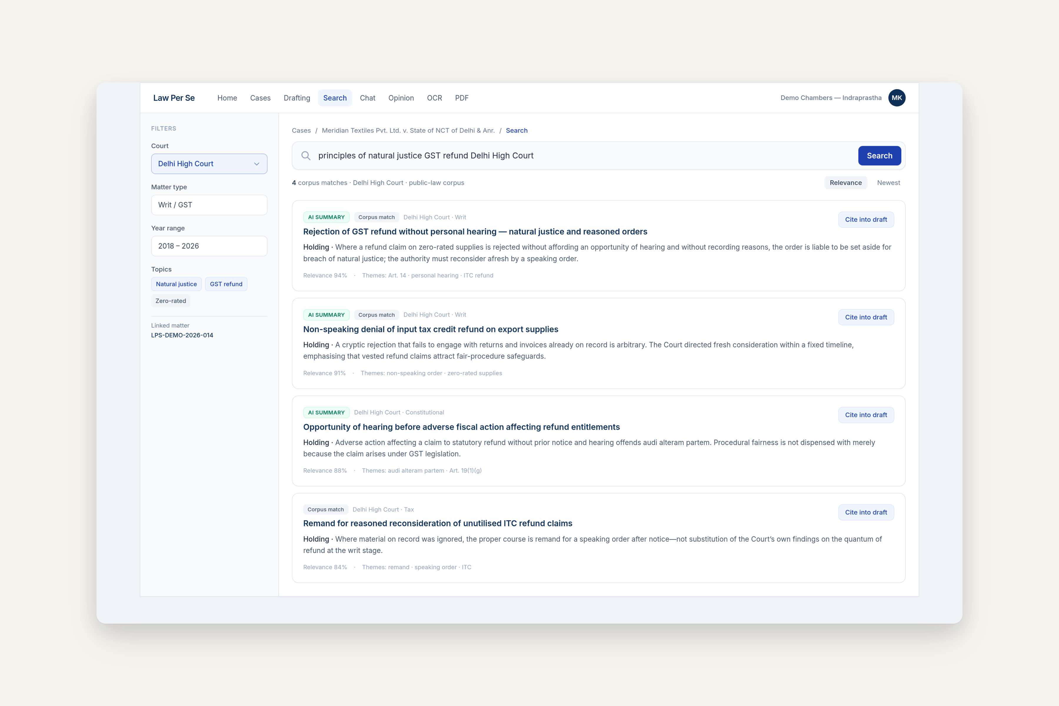 Law Per Se Legal Search — judgment search with court filters and holdings